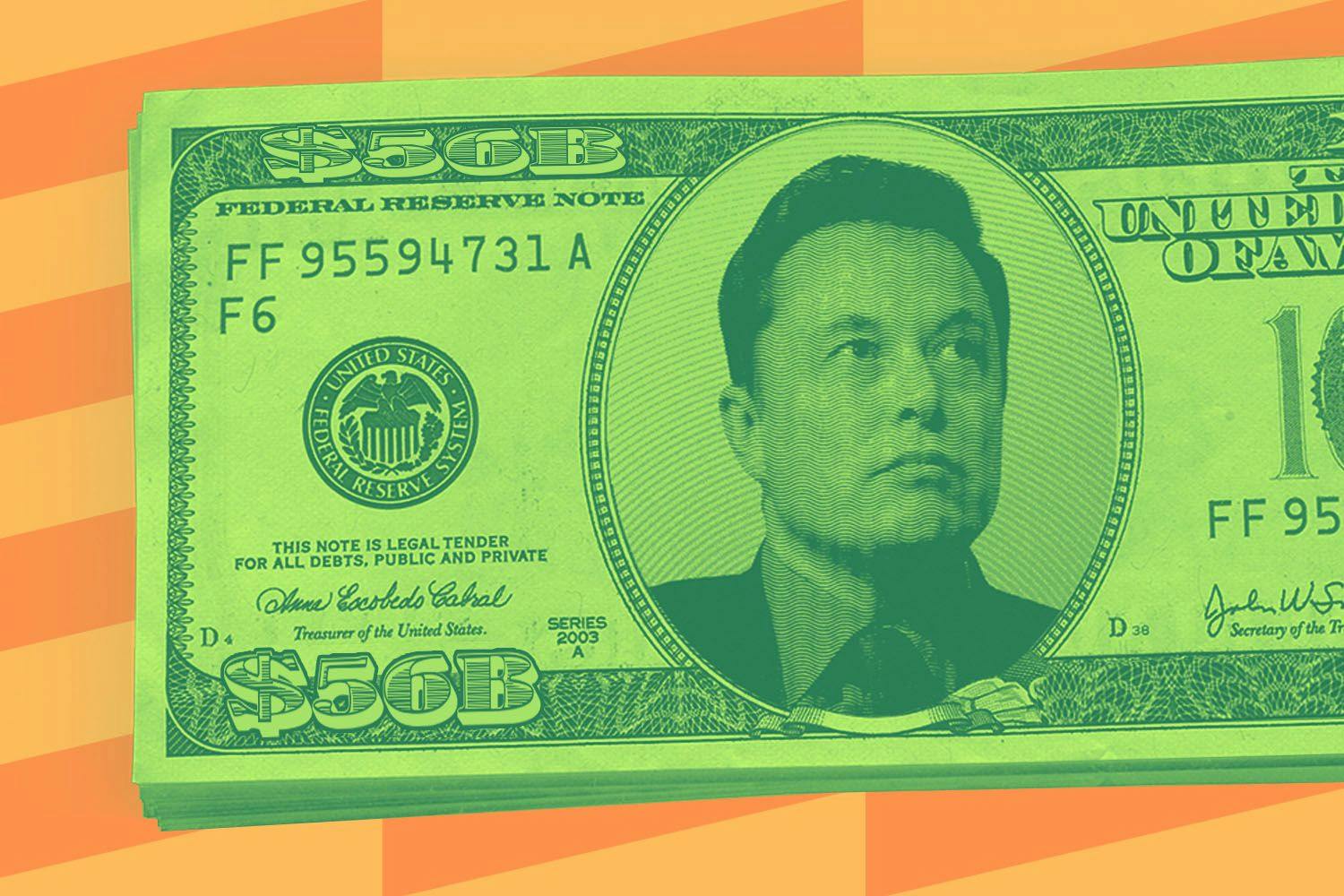 A $56 Billion dollar bill with Elon Musk's portrait on it. Illustration.