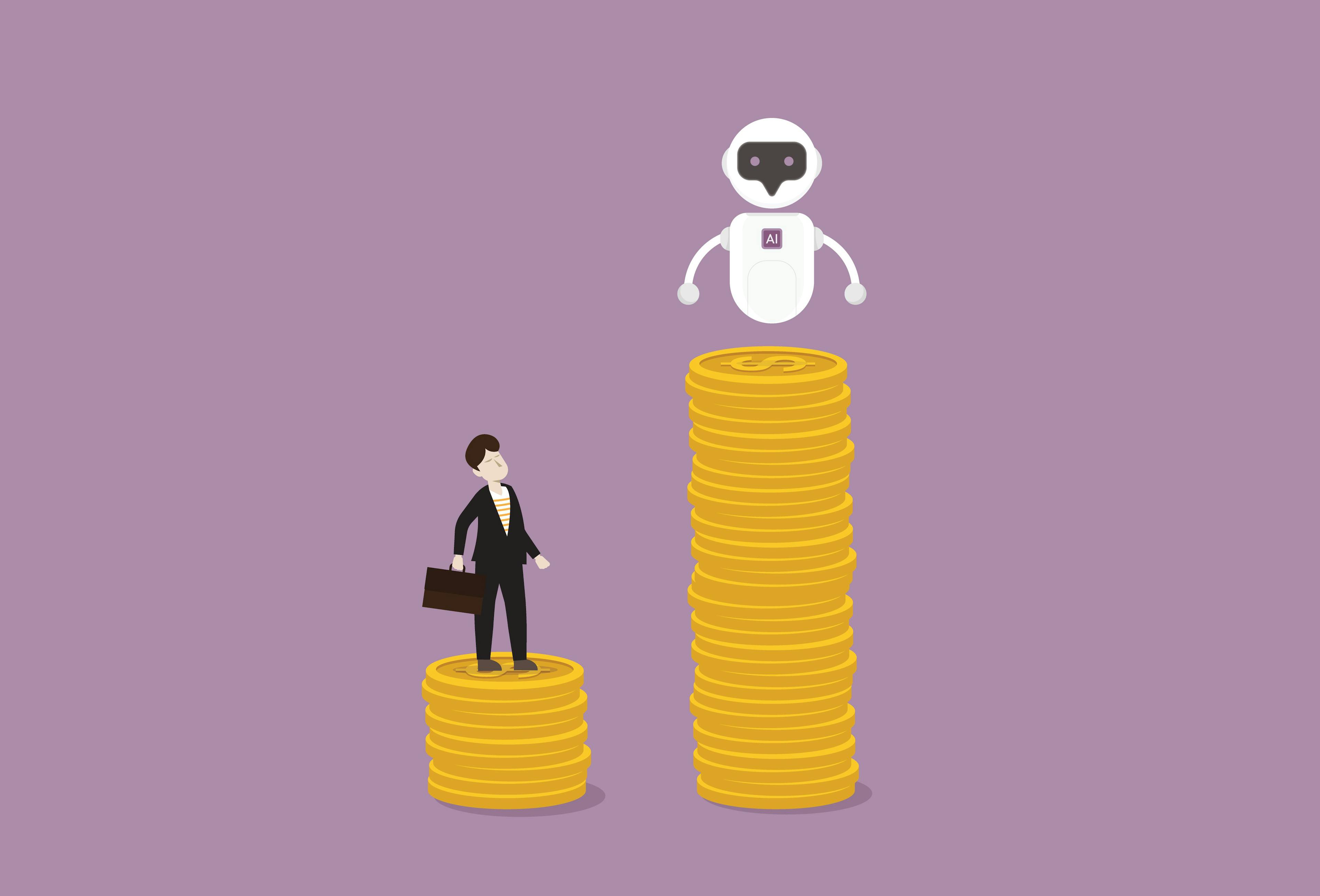 Illustration of a robot and a human standing on top of coins.