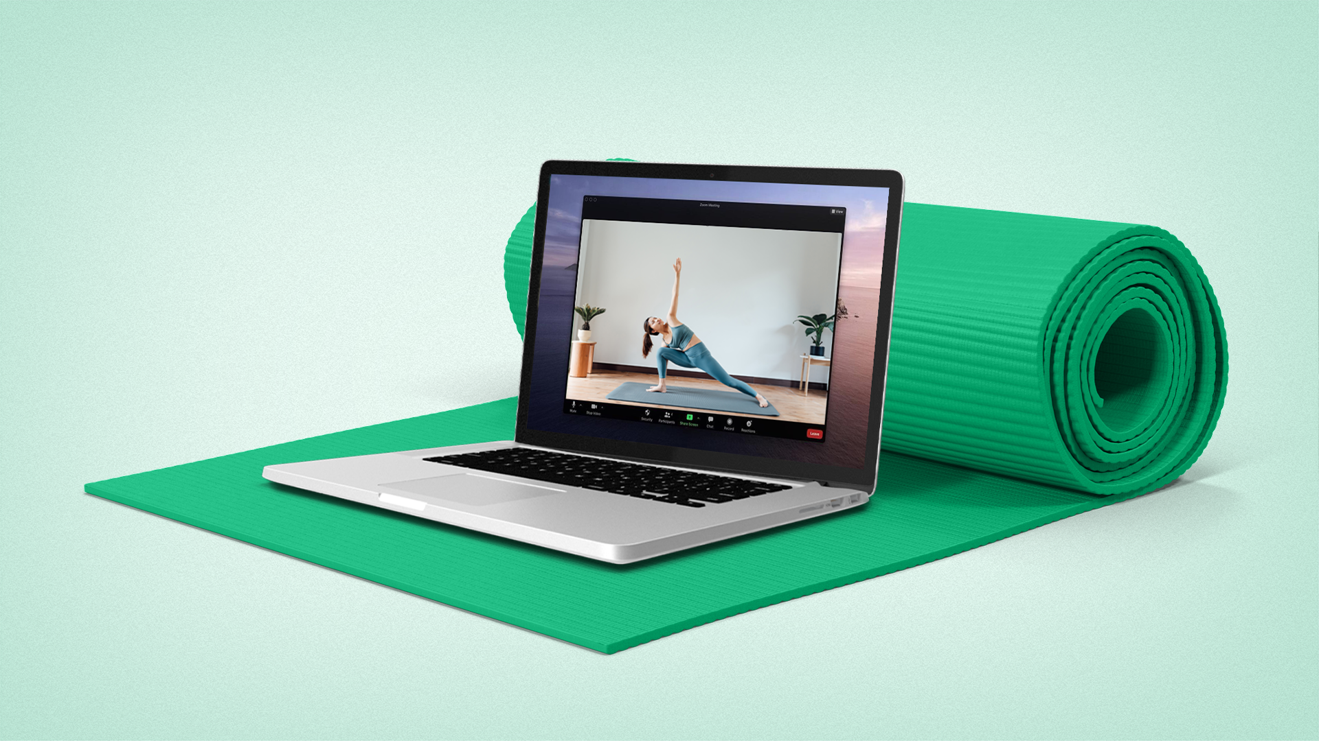 laptop with yoga mat woman doing yoga