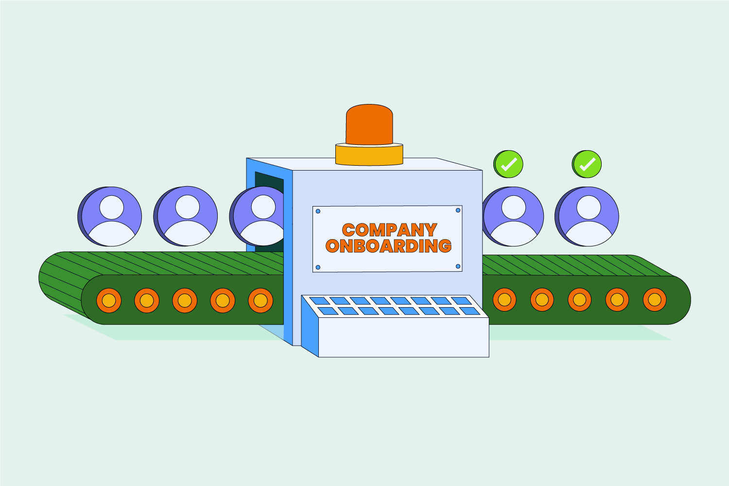 Conveyer belt with "Company Onboarding" text on the side with human avatars going through on one side and green check marks on the other