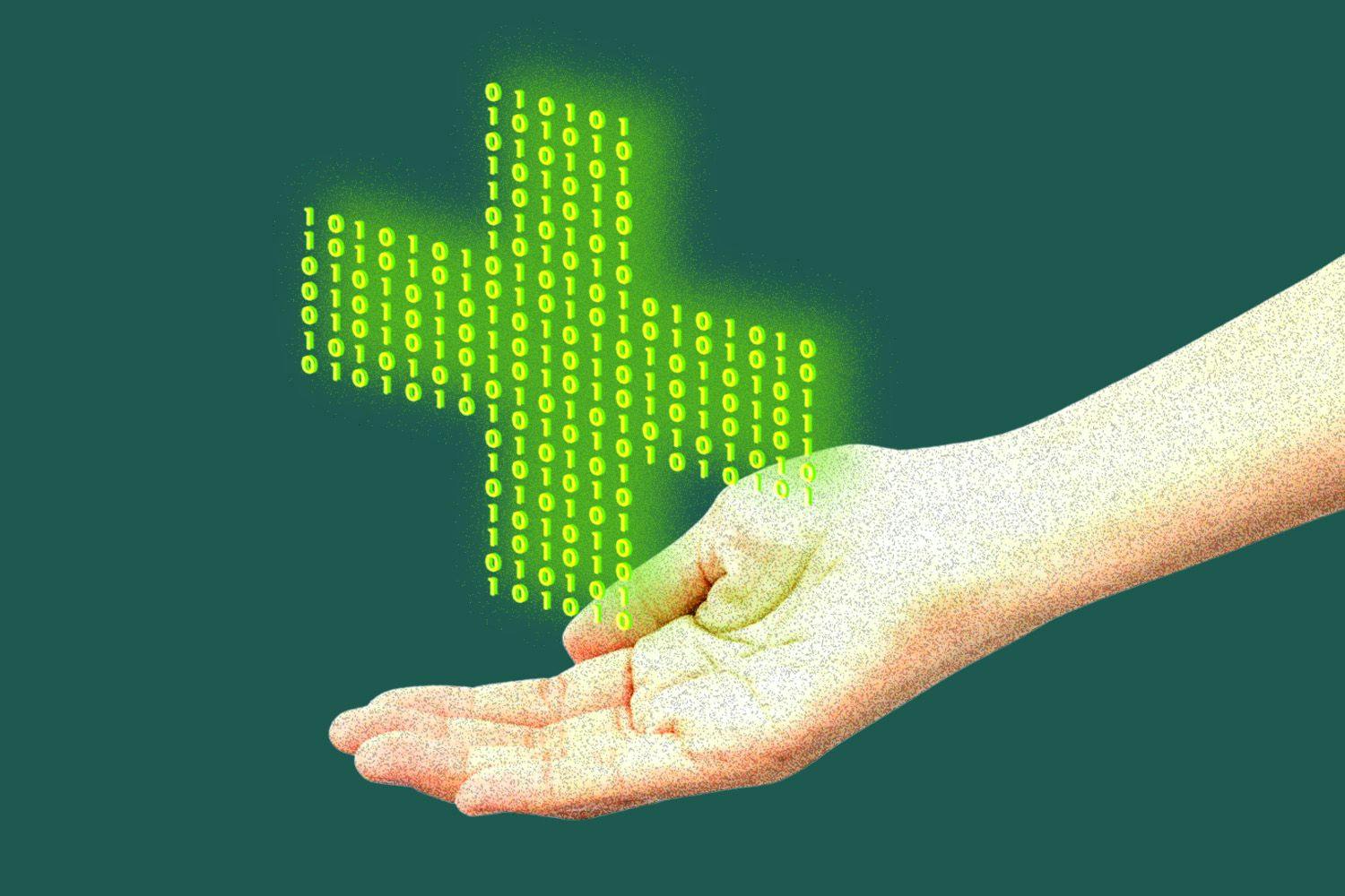 Hand holding out a green cross with AI code