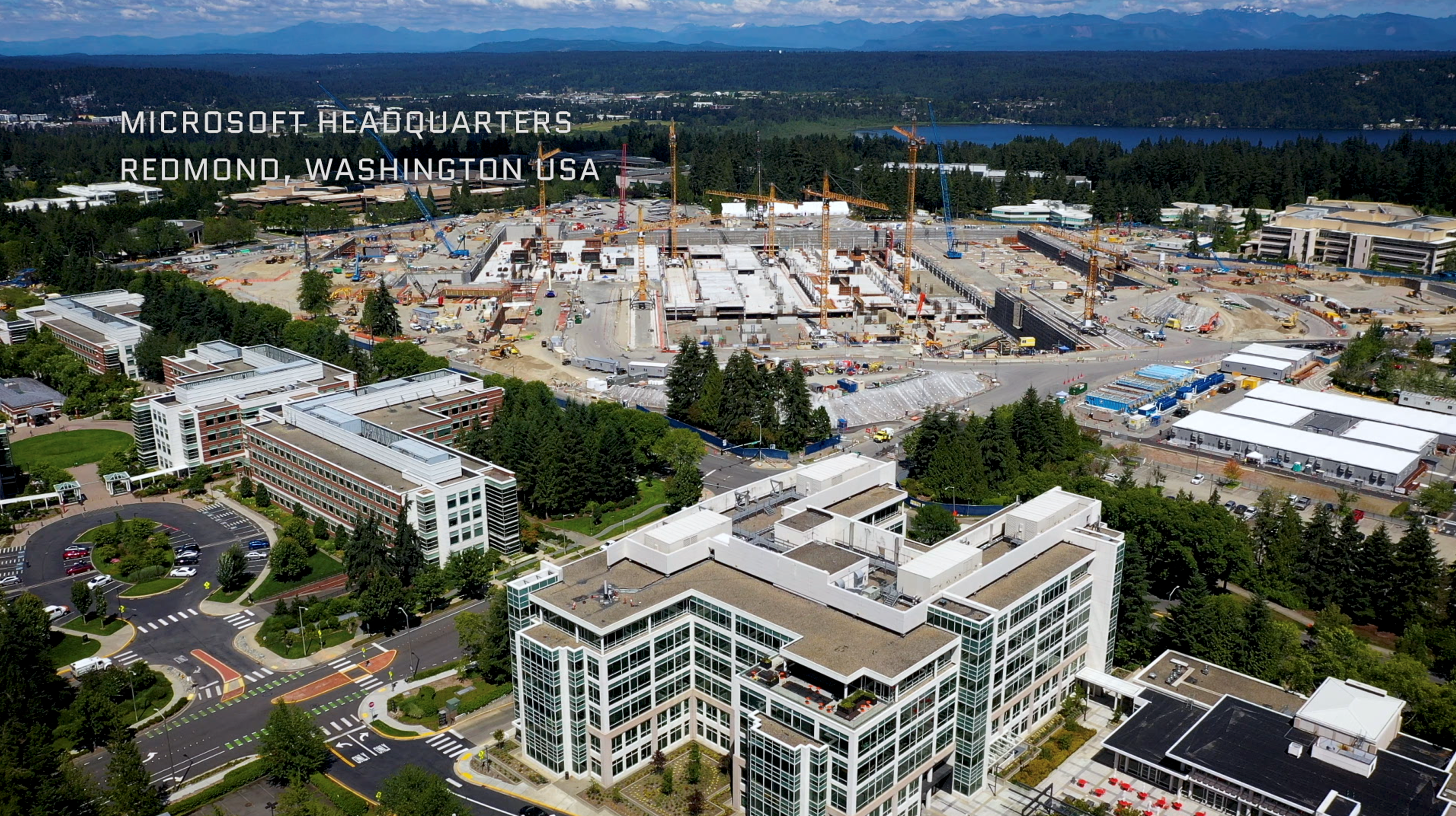 Aerial view of a building where Microsoft's headquarters are located in Redmond, Washington.