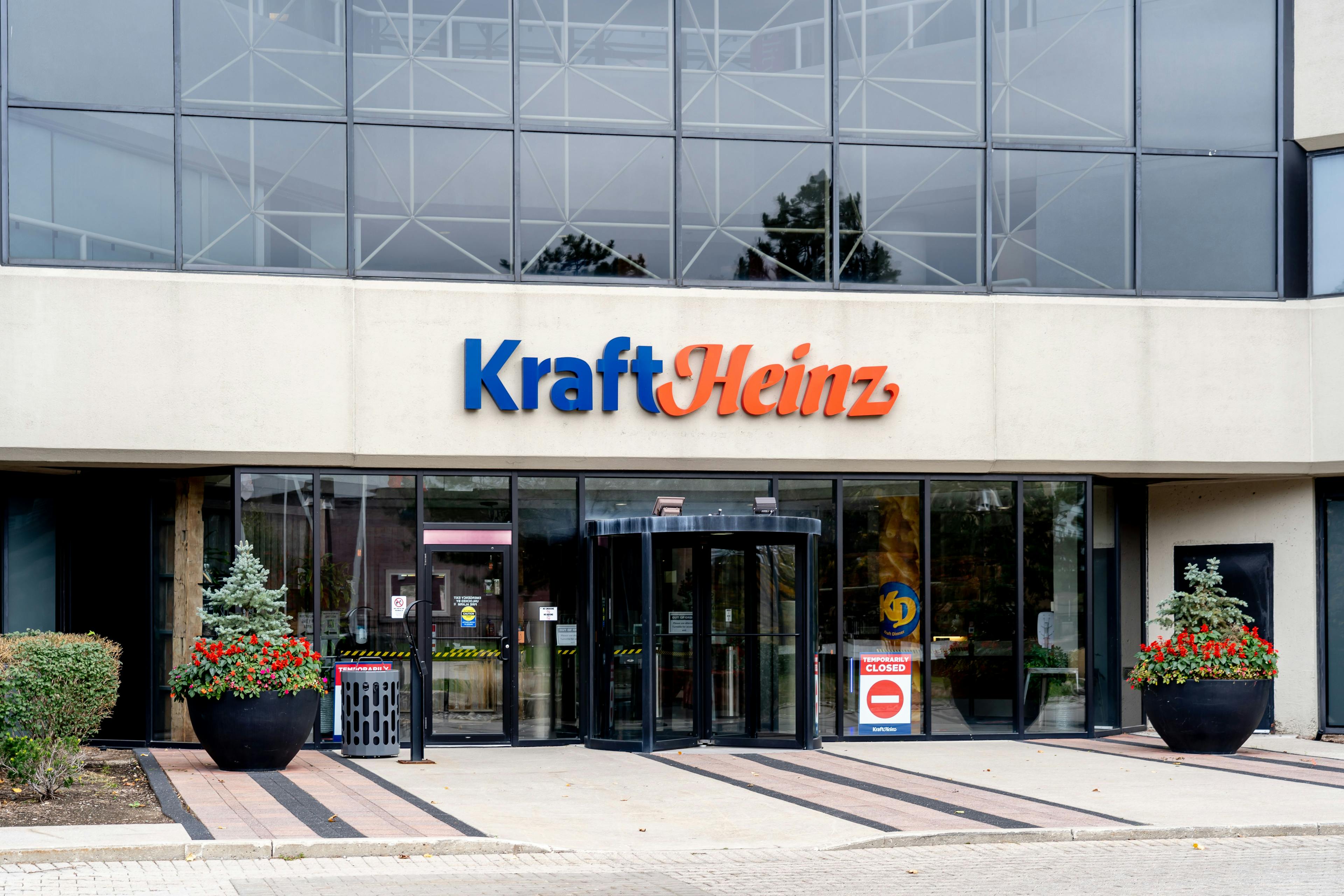 A building entrance marked with the Kraft Heinz logo above the doors.