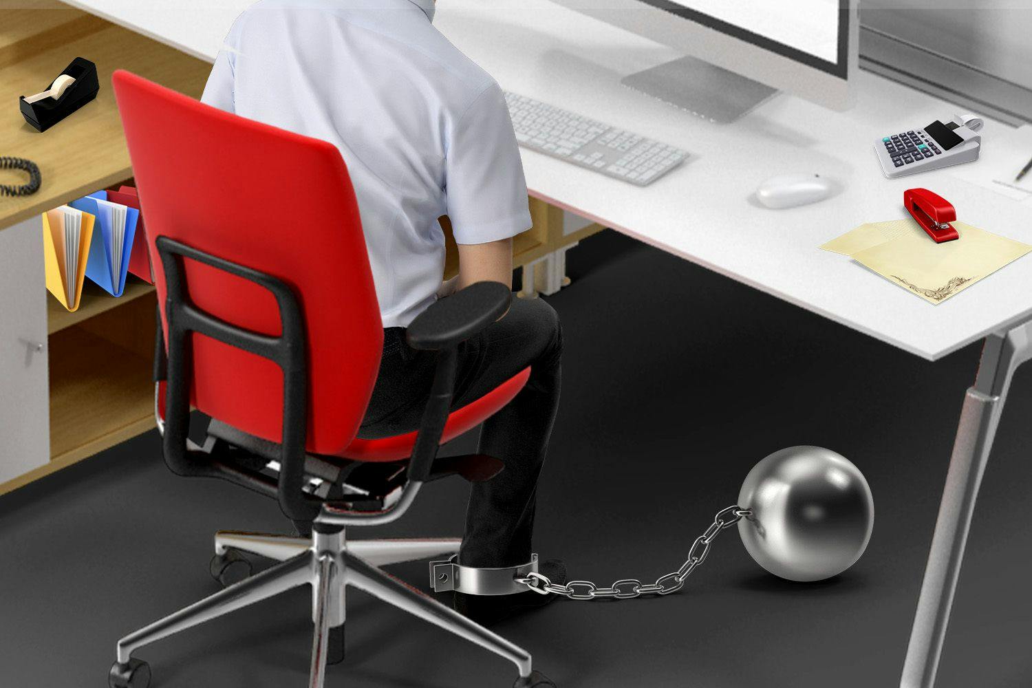 image of a white collar worker sitting at a desk in a red chair and an ball and chain attached to his ankle