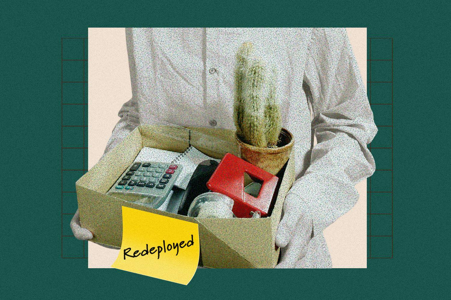 Person holding a box of desk supplies labeled "redeployment"