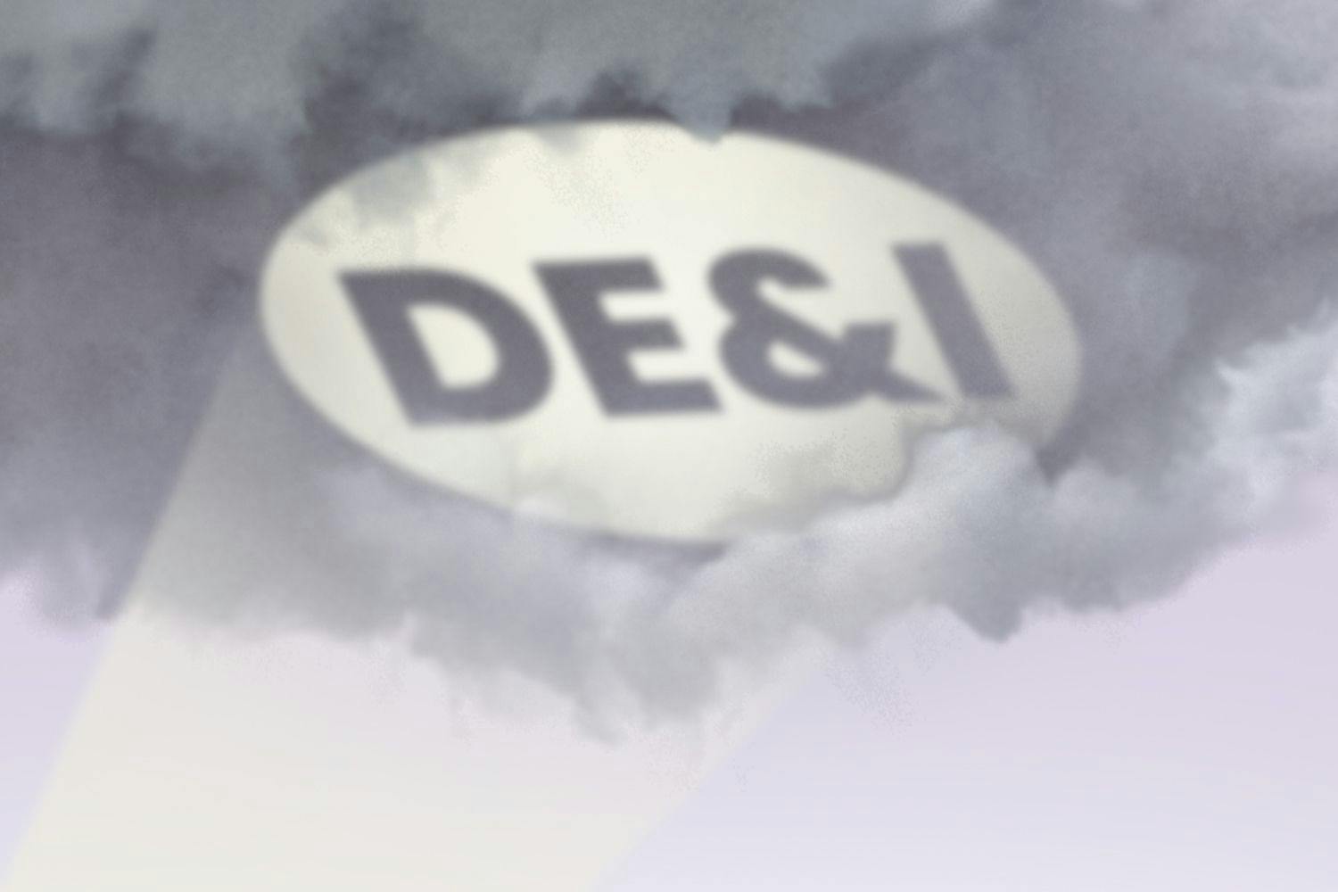 A bat signal shining on a dark cloud with the letters "DE&I" 