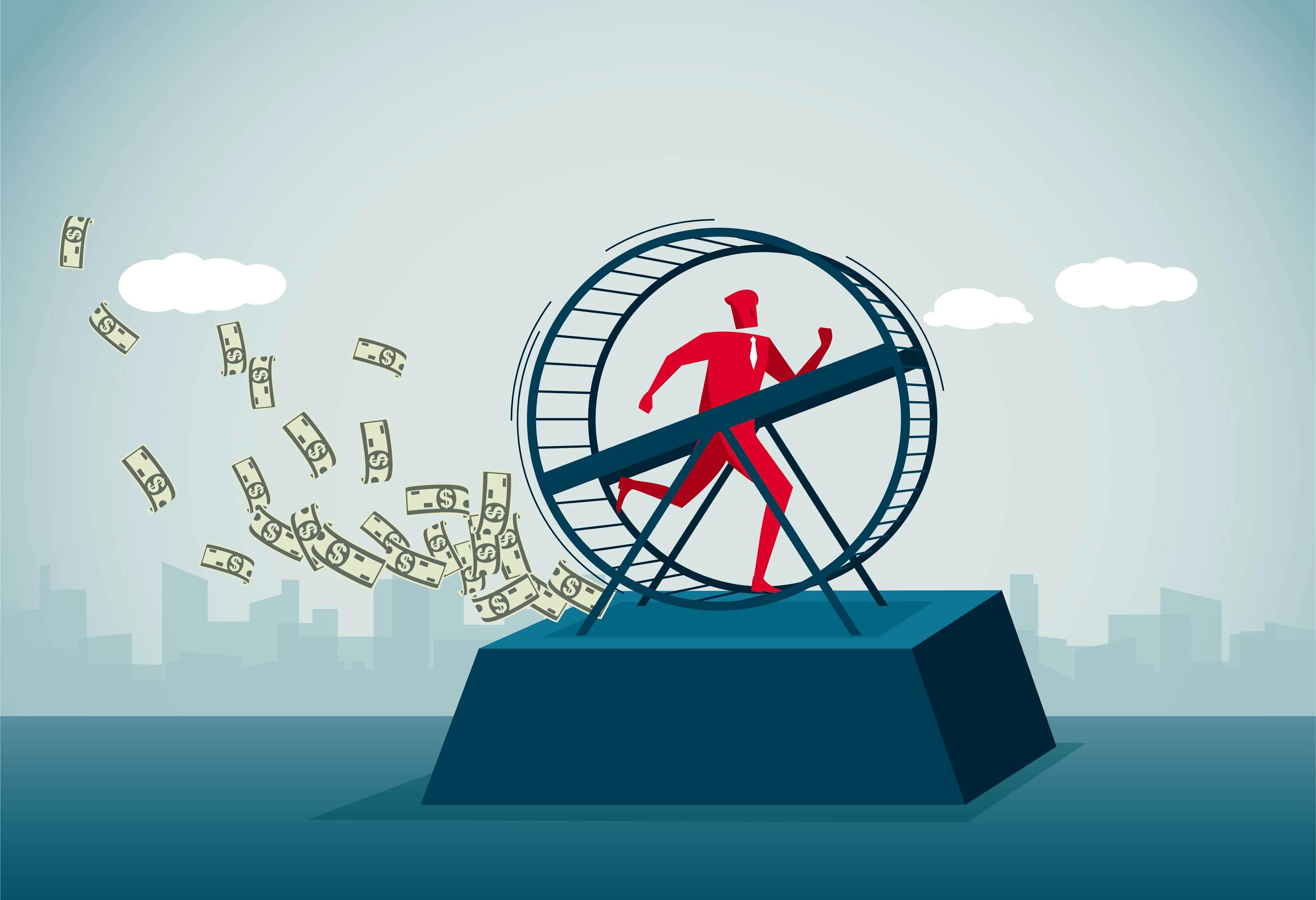 Image of a man running in a hamster wheel that is leaking money