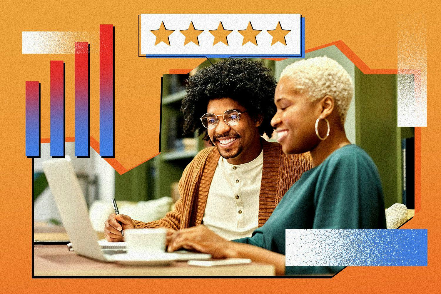 an image of two people (a man and a woman) looking at a computer, smiling. overlayed are graphics including a bargraph and stars