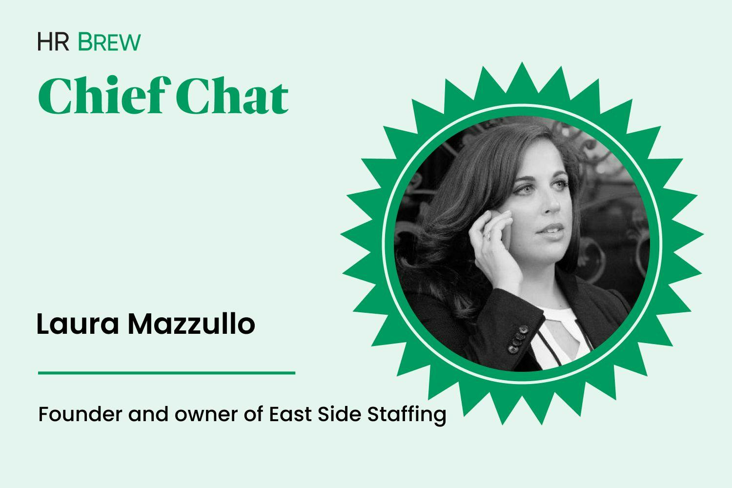 green card that says Chief Chat, Laura Mazullo founder and owner of East Side Staffing next to a circle headshot of black and white image of woman on her cell phone