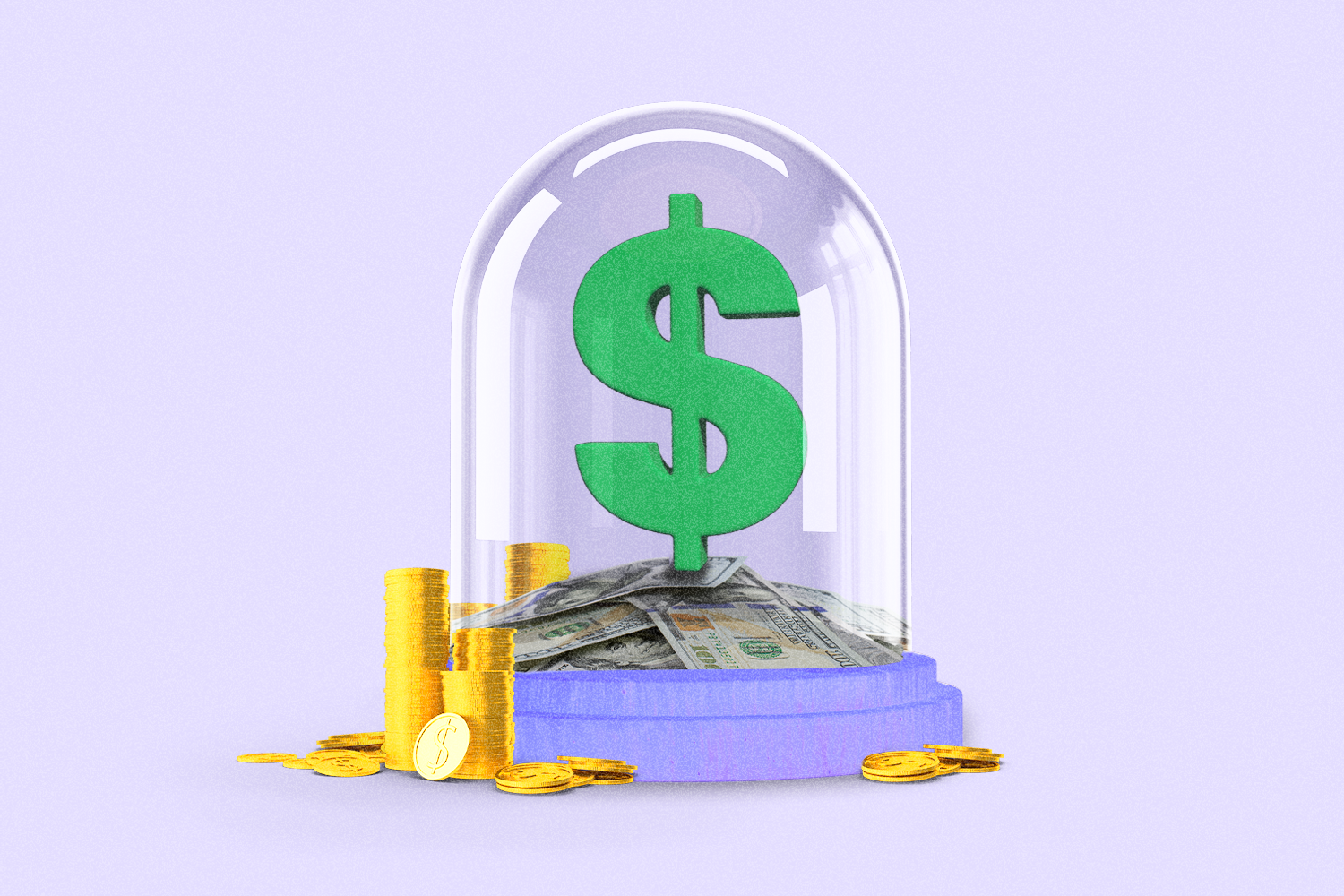 A dollar sign on top of a mound of cash enclosed in a glass case with stacks of gold coins outside of it
