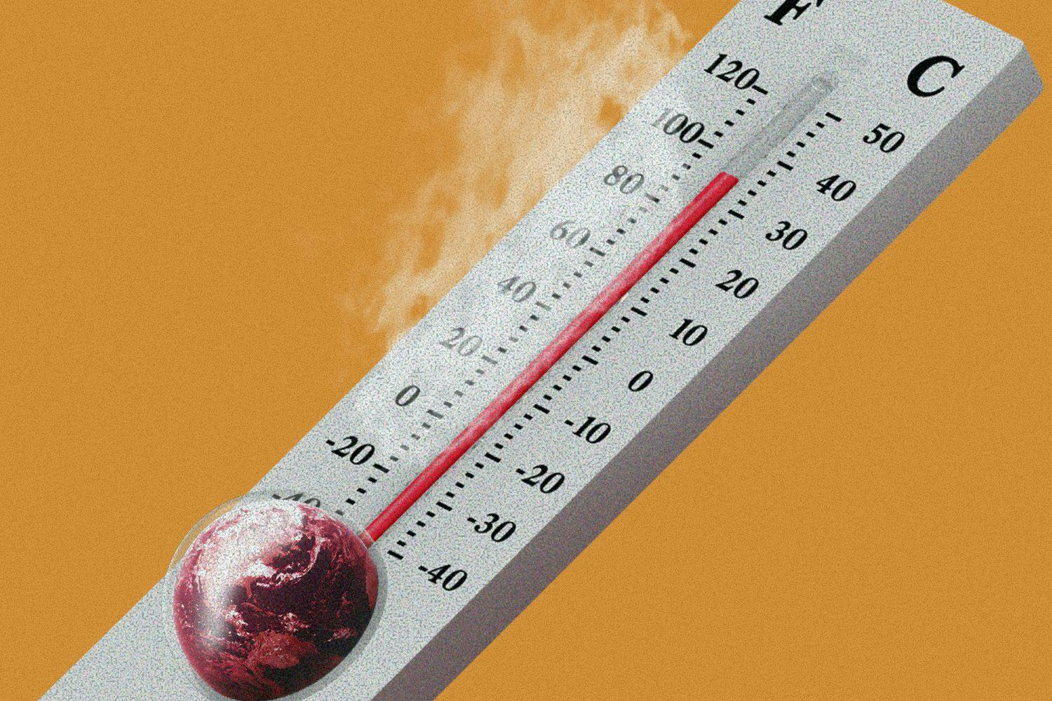 Illustration of a thermometer heating up with Earth at the bottom