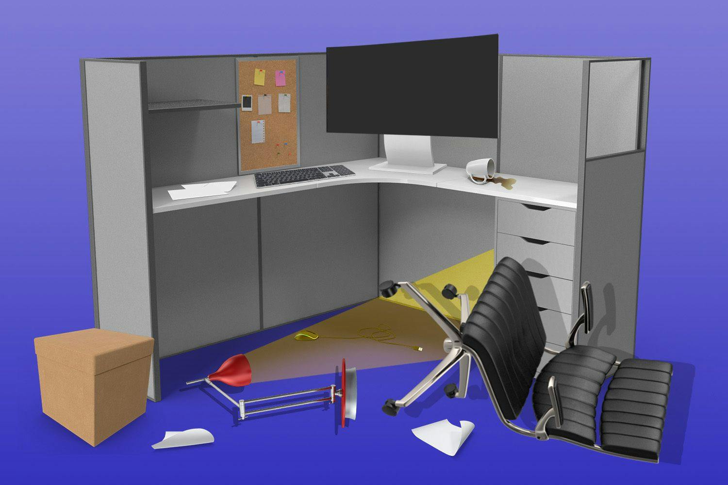 Illustration of empty cubicle with chair and lamp on the ground 