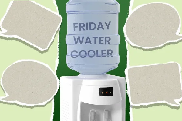 A water cooler with chat bubbles surrounding it. Text in image reads "Friday Water Cooler"